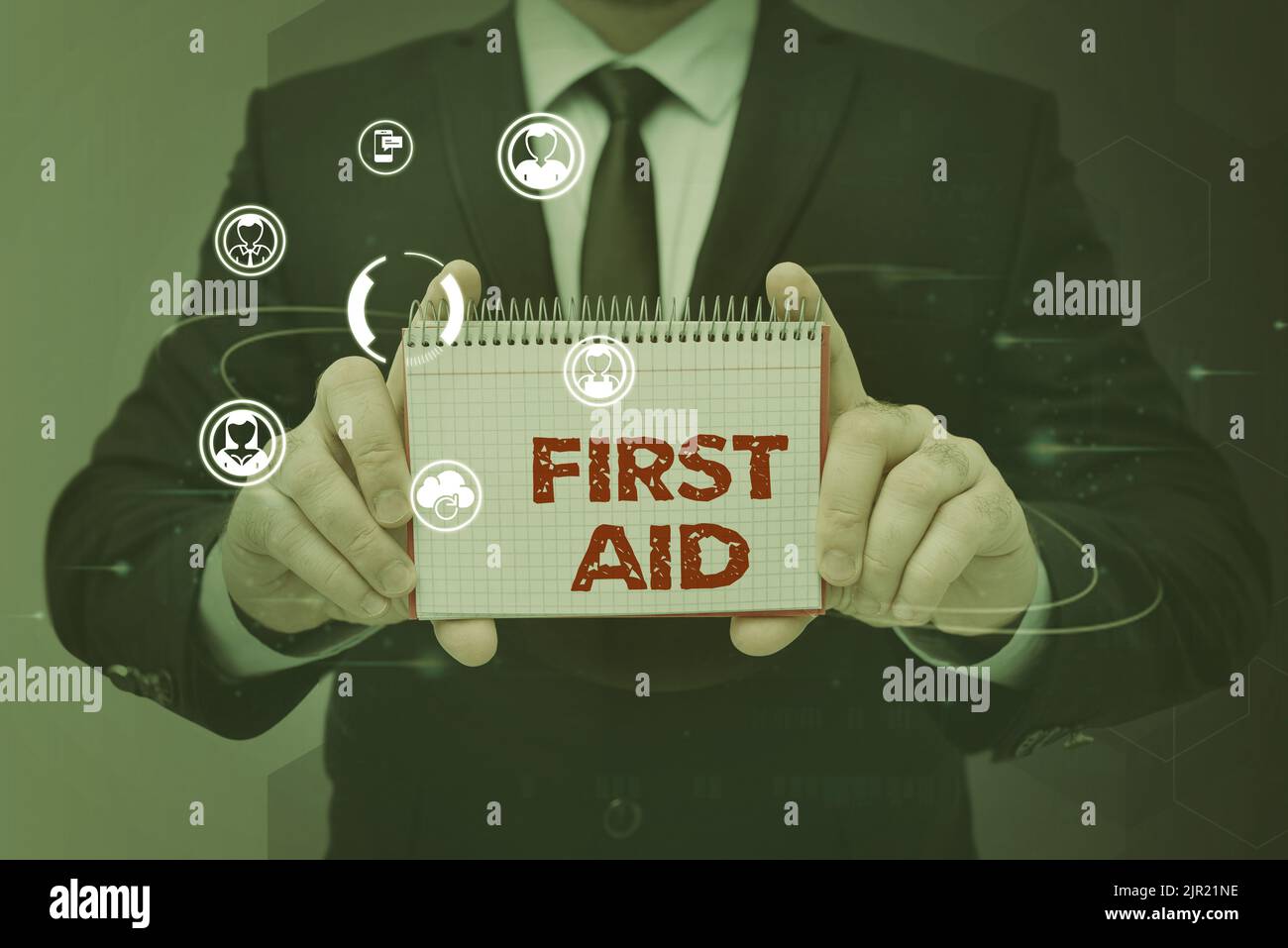 Text caption presenting First Aid. Word Written on Practise of healing