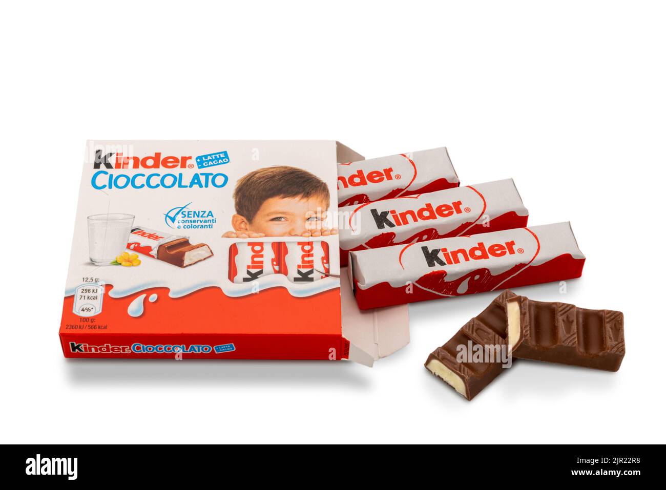 Alba, Italy - August 19, 2022: Kinder Ferrero Chocolate bar with milk heart, italian packaging isolated on white Stock Photo