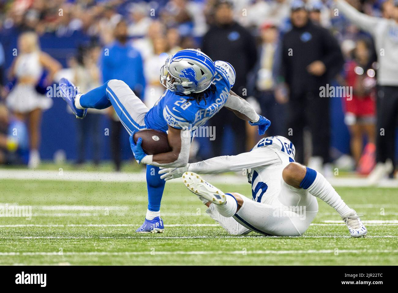 Detroit Lions running back Jermar Jefferson (28) runs a drill