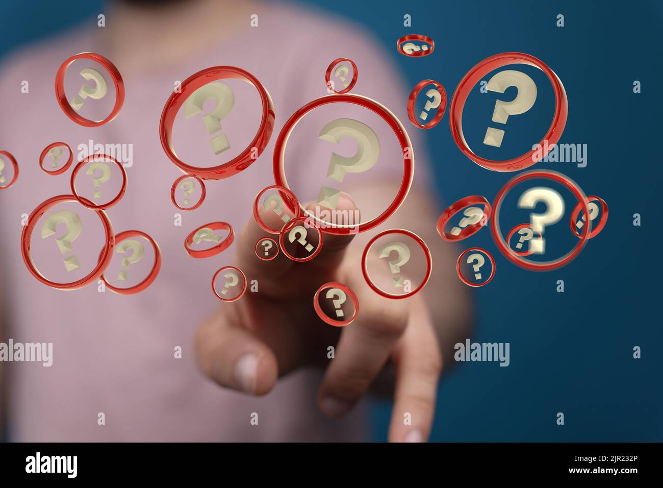A hand touching 3D floating question marks Stock Photo Alamy