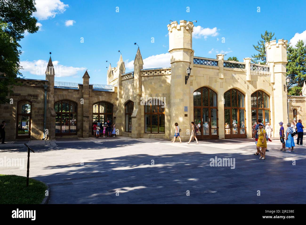 Russia, Stavropol Region, Kislovodsk, July, 29.2022: Main entrance to mineral water drinking gallery in resort park. Caucasian Mineral Waters. Stock Photo