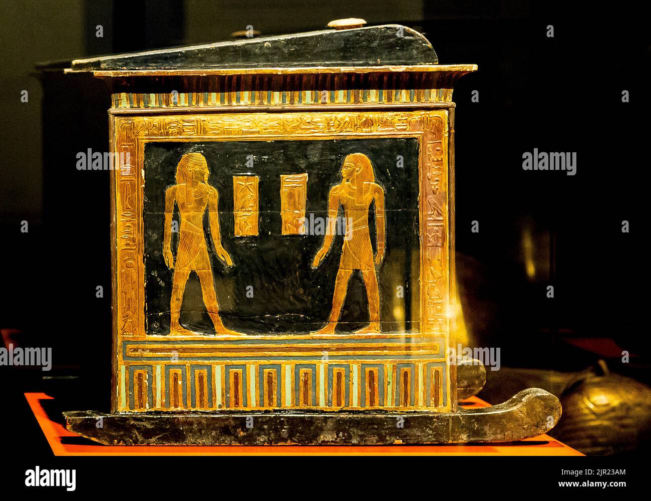 Egypt, Cairo, Egyptian Museum, from the tomb of Yuya and Thuya in Luxor : Canopic box of Yuya, with the 4 canopic vases. The box is on sledge. Stock Photo