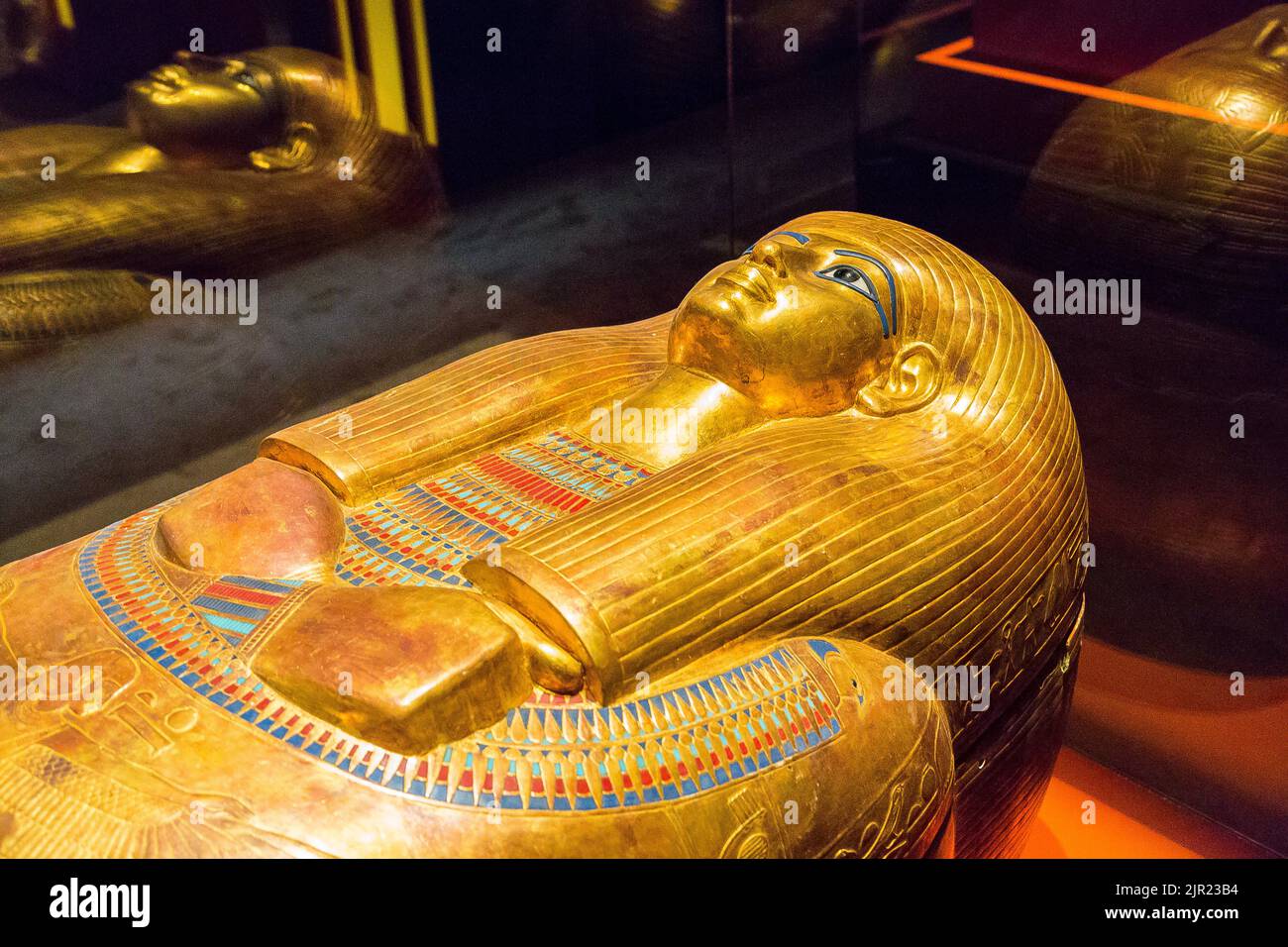 Egypt, Cairo, Egyptian Museum, from the tomb of Yuya and Thuya in Luxor : Mummy-shaped (second) coffin of Thuya. Stock Photo