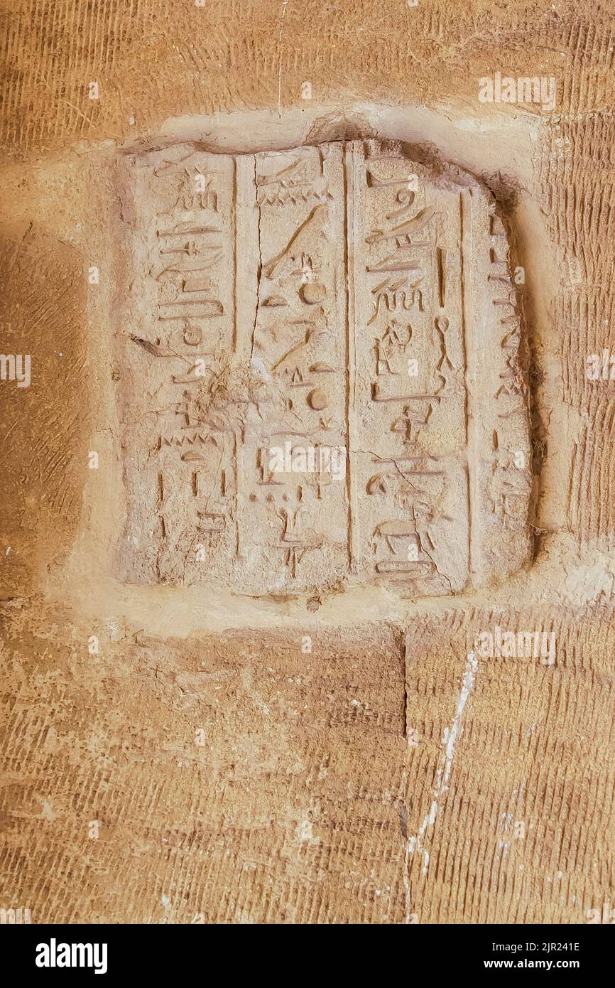 Egypt, Saqqara,  tomb of Horemheb,  statue room, hymn for Osiris god. Stock Photo