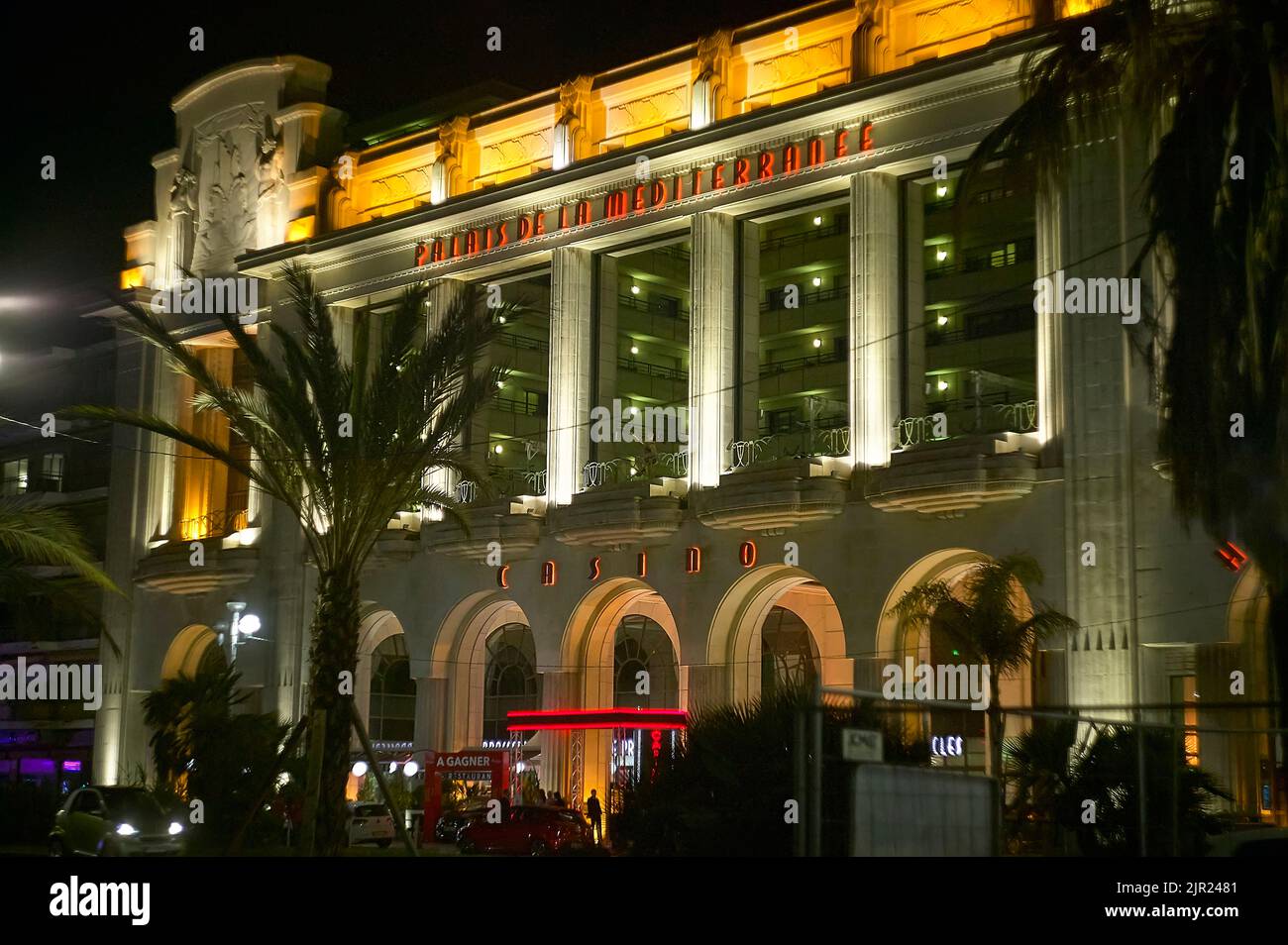 Nice, France 20 august 2022: Nice casino at night shooting with all its illumination outlining the lines and shapes. Stock Photo