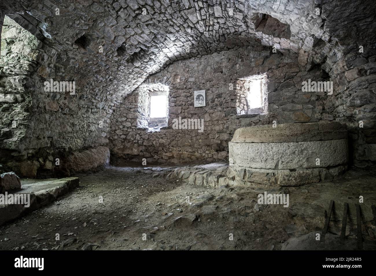 Interior view of the Moulin de la Foux located at the Resurgence of the Vis River near Vissec, Languedoc-Roussillon, France Stock Photo