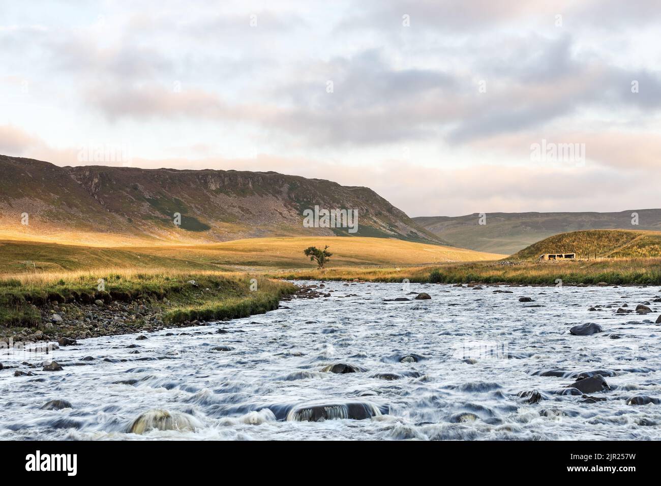 The River Tees and Cronkley Fell viewed from the Pennine Way at the Confluence of the River Tees and Harwood Beck, Forest-in-Teesdale, County Durham, Stock Photo