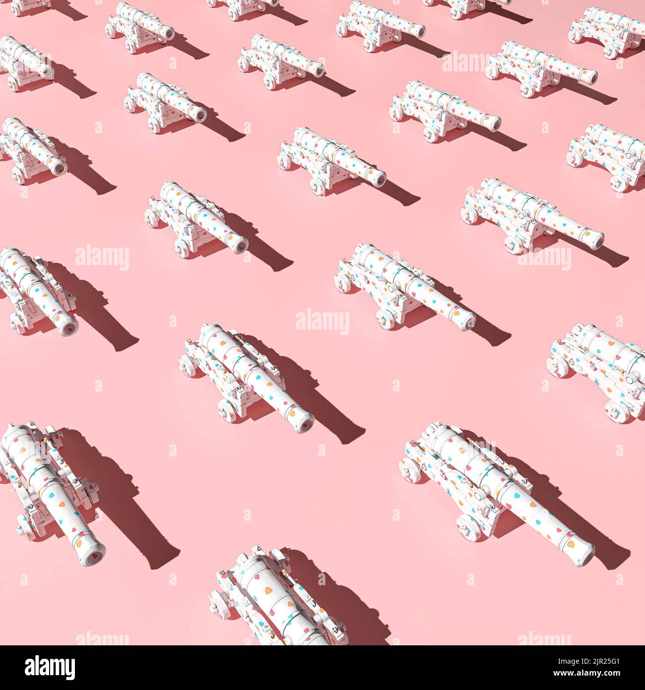 3D Illustration pattern concept of a cannon of love that shoots hearts instead of bombs.  Love wins in the end. Pastel pink background. Stock Photo