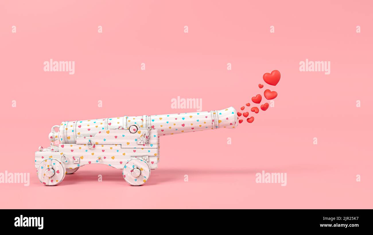 3D Illustration concept of a cannon of love that shoots hearts instead of bombs.  Love wins in the end. Pastel pink background. Stock Photo