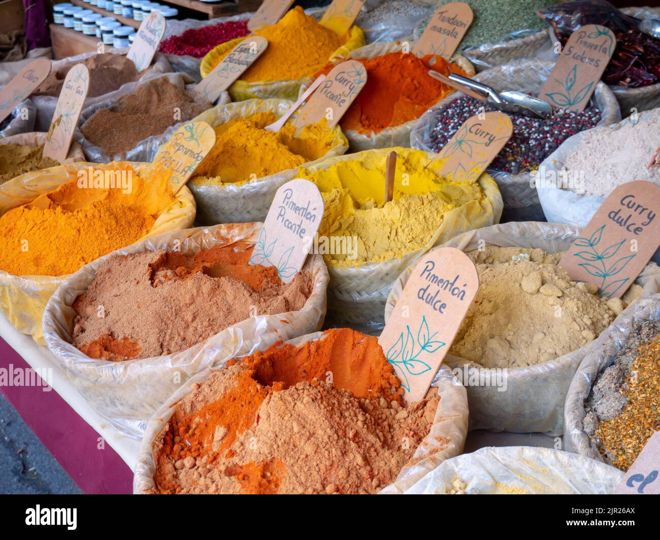MONDONEDO, SPAIN - AUGUST 14, 2022: Spices and flavorings with spanish labels at the medieval fair counter in the old town Mondonedo,Lugo,Galicia,Spai Stock Photo