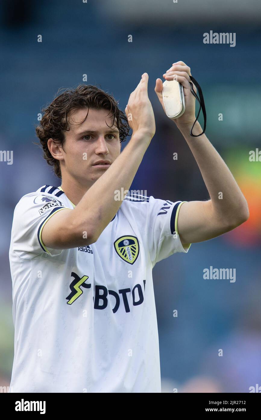 Goalscorer Brenden Aaronson 7 of Leeds United celebrates the victory