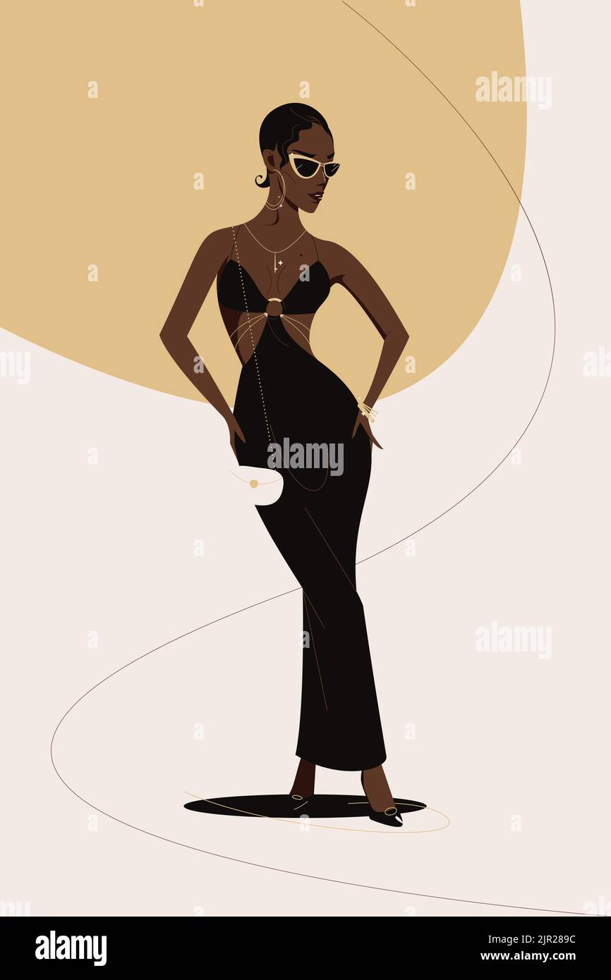 Elegant African american woman posing in a black dress and gold jewelry.  Fashion and beauty flat vector illustration on abstract background Stock  Vector Image & Art - Alamy