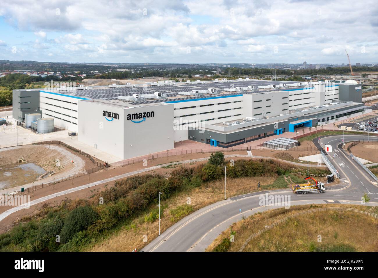 LEEDS, UK AUGUST 19, 2022. Aerial view of a large Amazon Prime