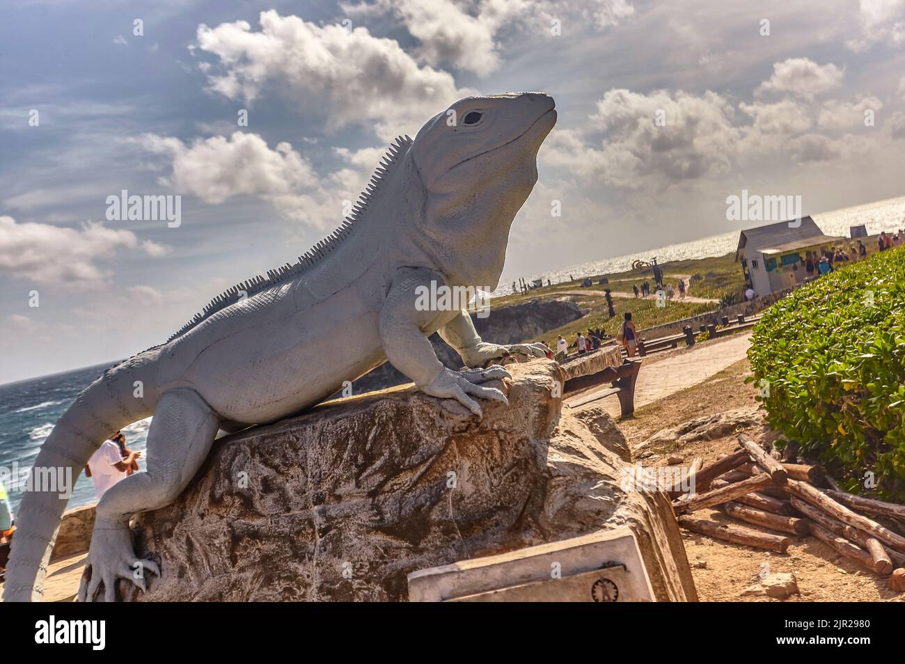 Large statue in the shape of an Iguana at Isla Mujeres in Mexico Stock