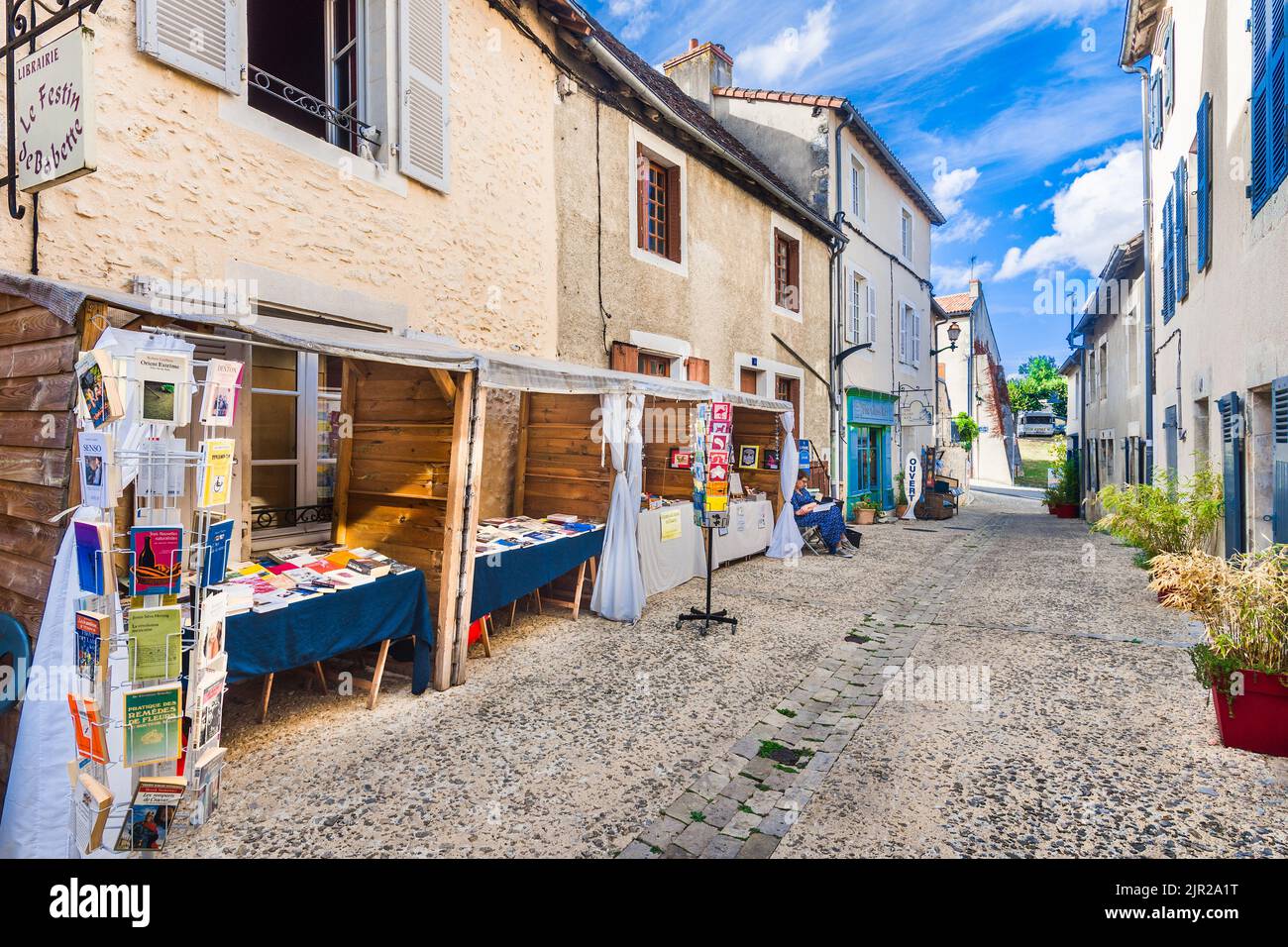 Bookshops on the Rue de la Poelerie, Montmorillon, Vienne (86), France. Stock Photo