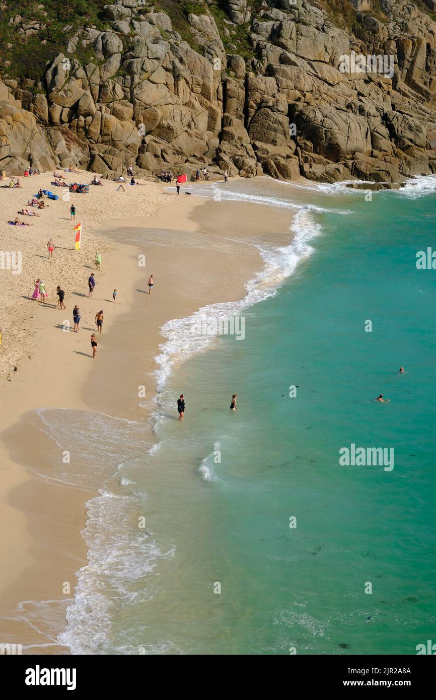 Porthcurno, UK, September 2020: View of Porthcurno beach in Cornwall ...