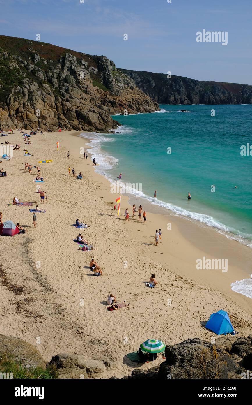 Porthcurno, UK, September 2020: View of Porthcurno beach in Cornwall ...