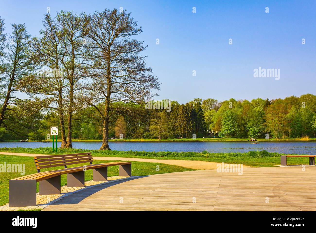 Natural beautiful panorama view with lake river walking pathway and