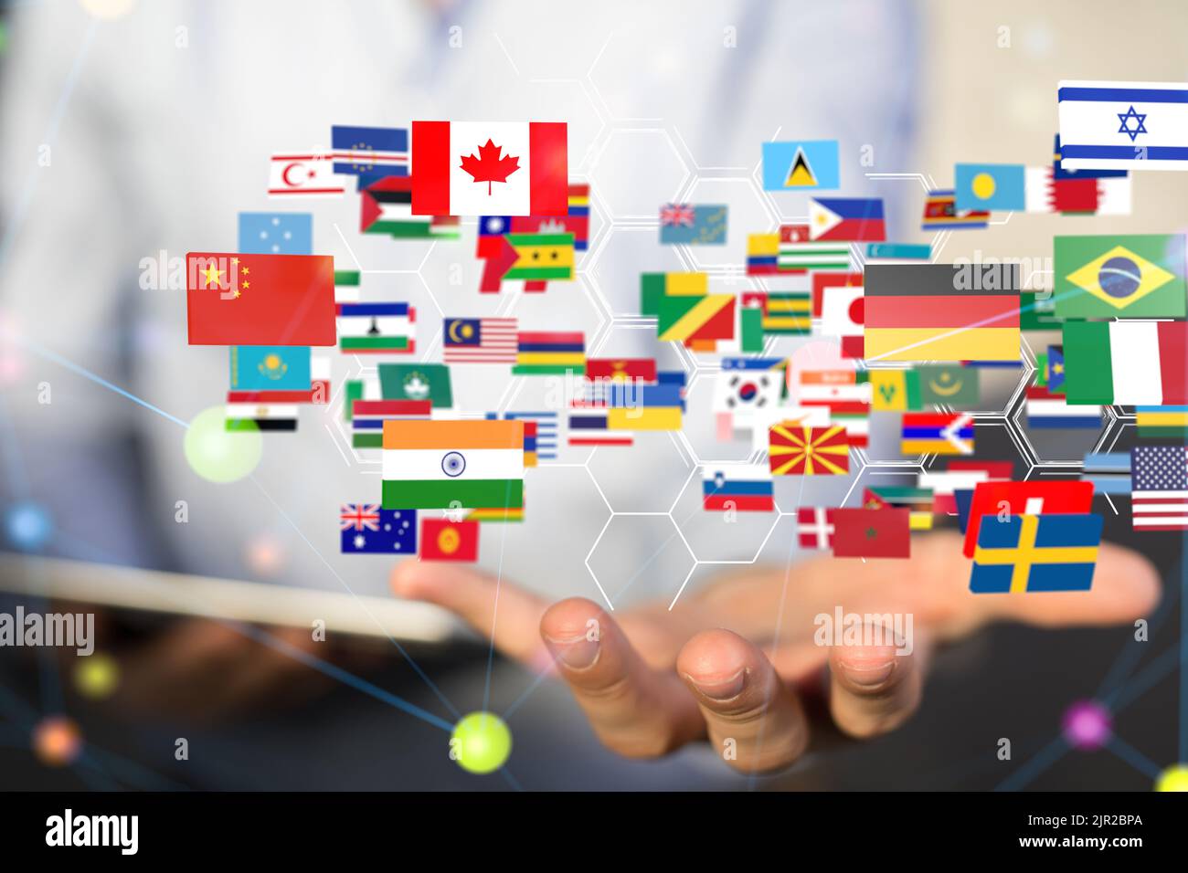 A 3d rendering of floating flags on a palm of a hand Stock Photo - Alamy