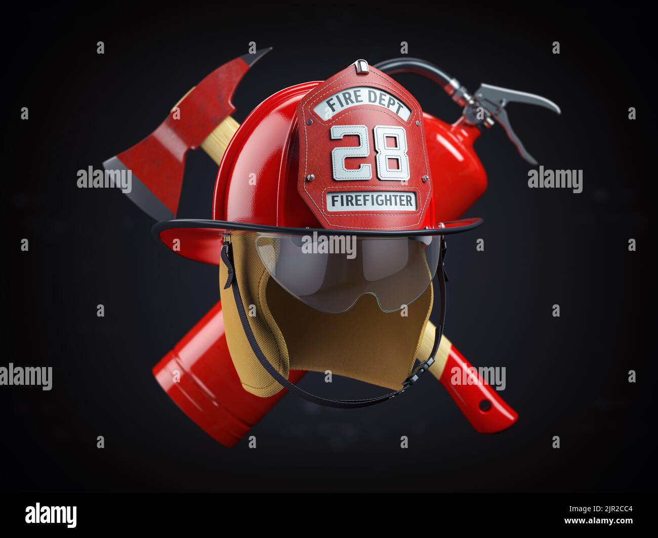 Fire Deprtment Emblem. Firefighter badge on a helmet with fire extinguisher and axe. 3d illustration Stock Photo