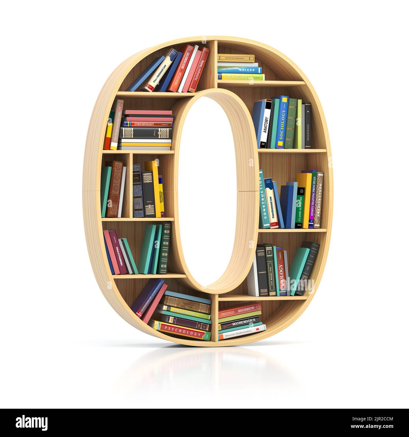 Number 0 zero in form of bookshelf with book and texbooks. Educational and learning conceptual font and alphabet. 3d illustration Stock Photo
