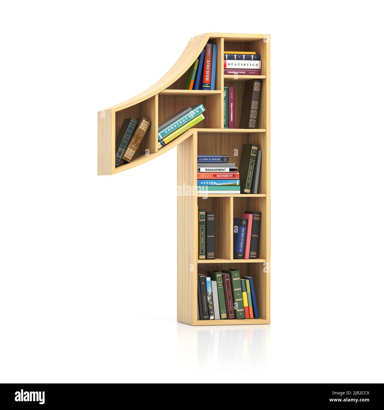 Number 1 one in form of bookshelf with book and texbooks. Educational and learning conceptual font and alphabet. 3d illustration Stock Photo