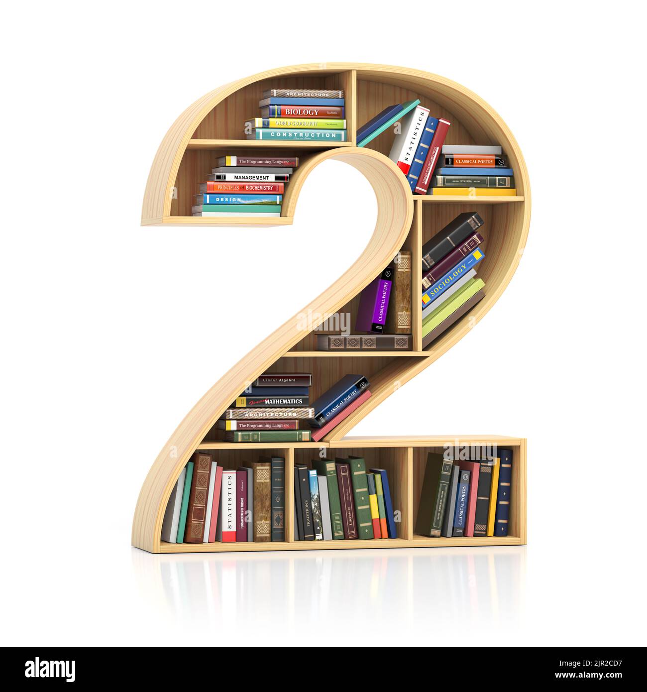 Number 2 two in form of bookshelf with book and texbooks. Educational and learning conceptual font and alphabet. 3d illustration Stock Photo