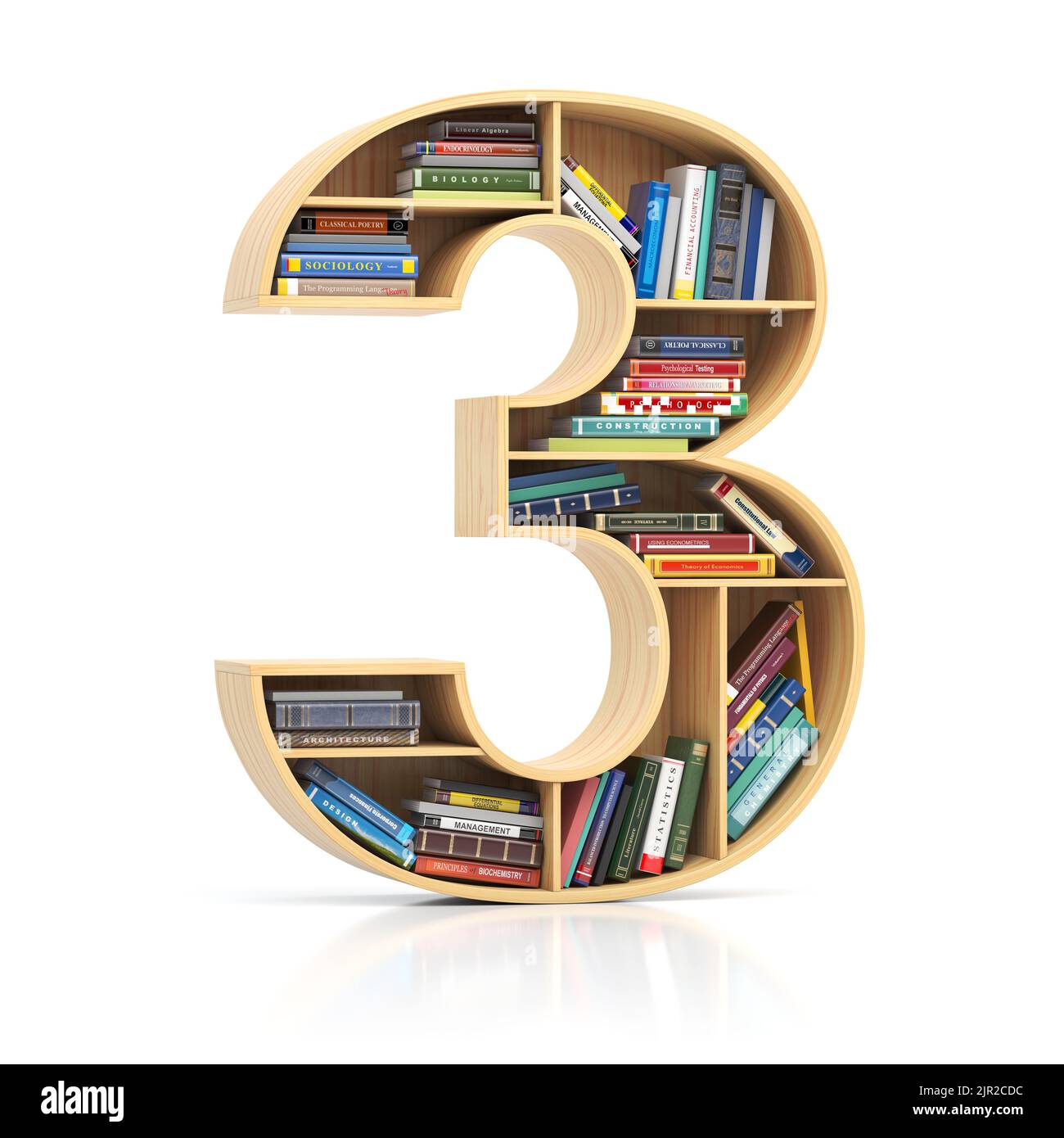 Number 3 three in form of bookshelf with book and texbooks. Educational and learning conceptual font and alphabet. 3d illustration Stock Photo