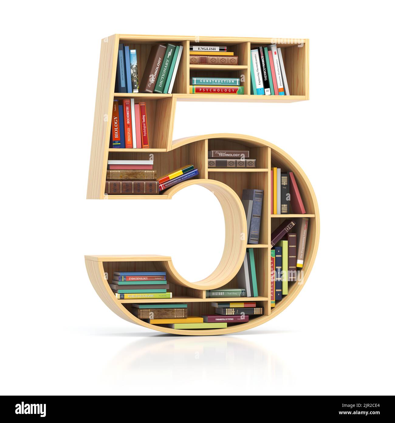Number 5 five in form of bookshelf with book and texbooks. Educational and learning conceptual font and alphabet. 3d illustration Stock Photo