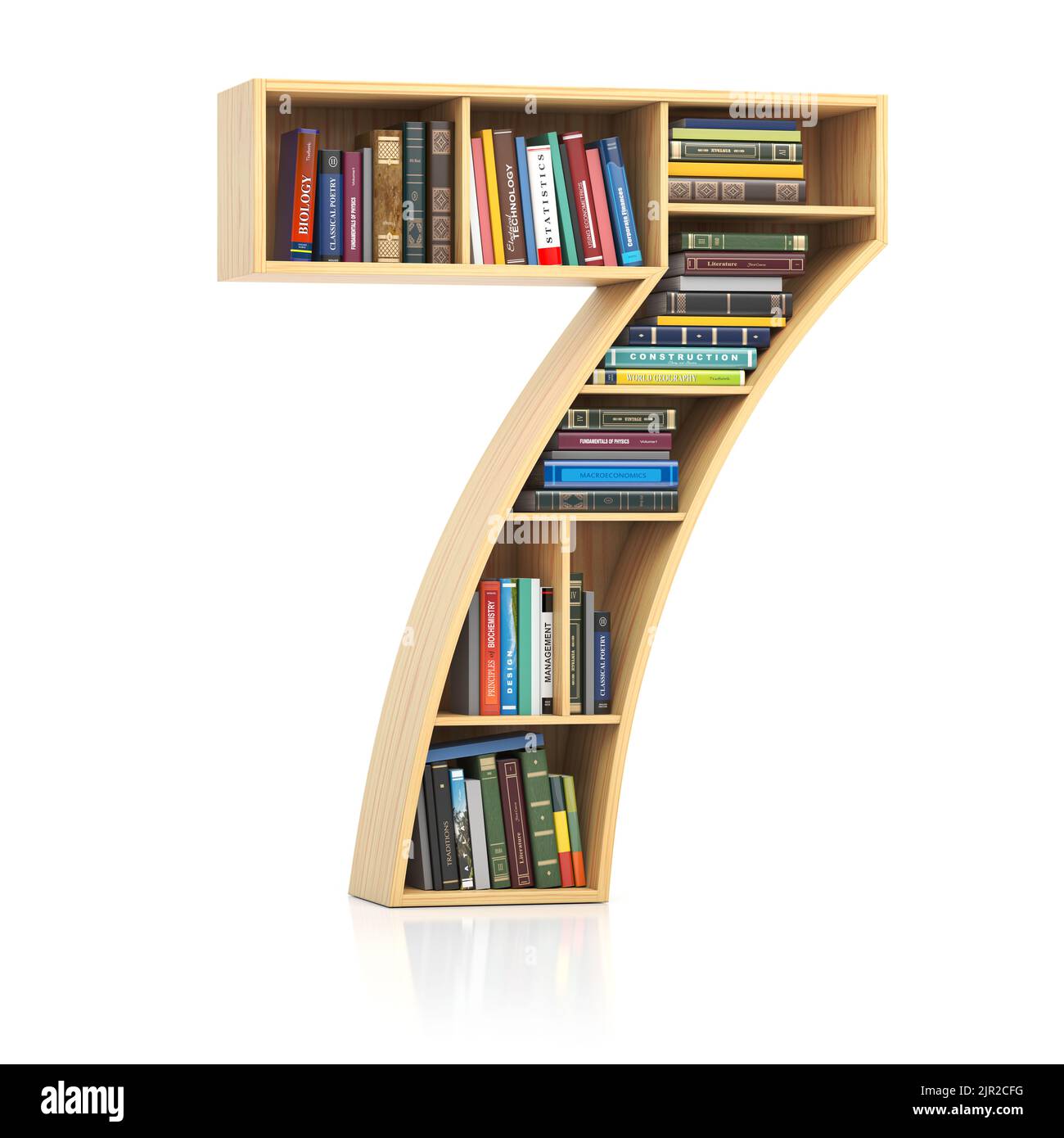 Number 7 seven in form of bookshelf with book and texbooks. Educational and learning conceptual font and alphabet. 3d illustration Stock Photo