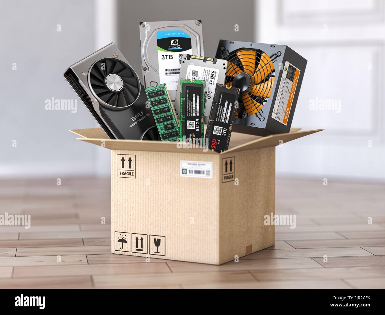 Computer pc parts in open cardboard box. Buing and delivery computer components. 3d illustration Stock Photo