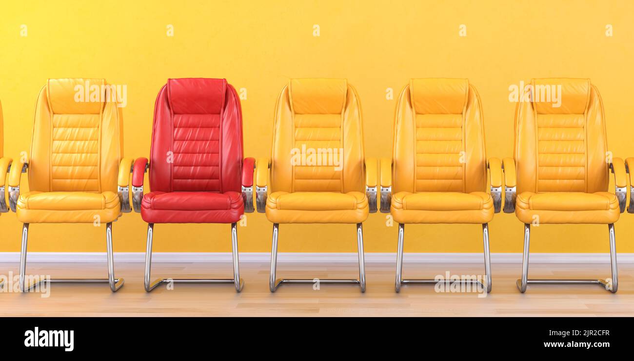 Red chair in a row of yellow chairs in an office. Business, leadership, recruiting and employment concept. 3d illustration Stock Photo