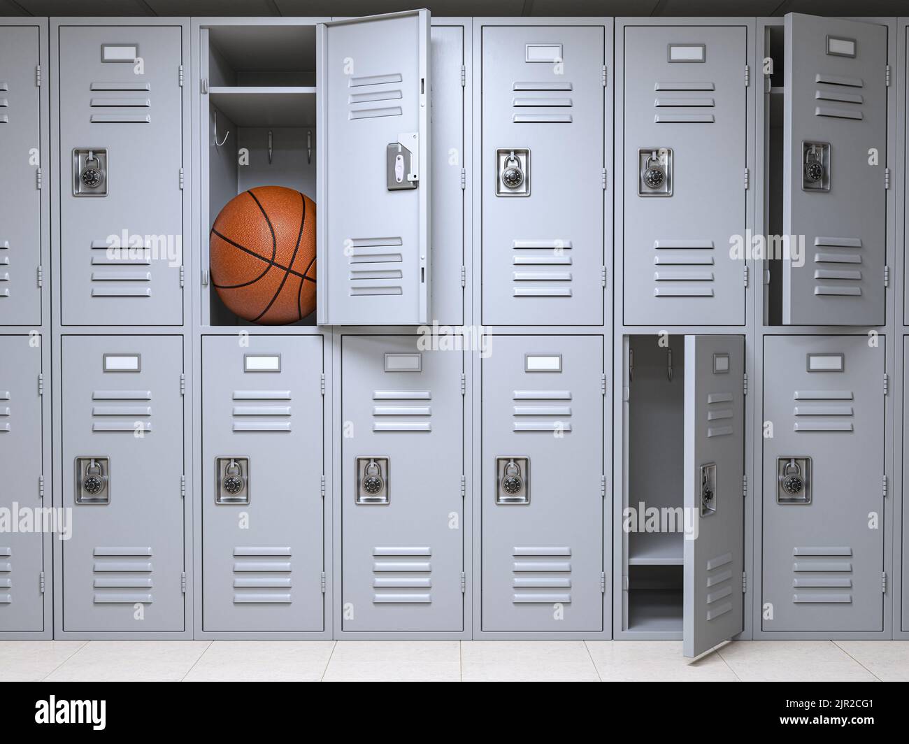 School or gym locker room with small lockers box insuficient for basketball ball. 3d illustration Stock Photo
