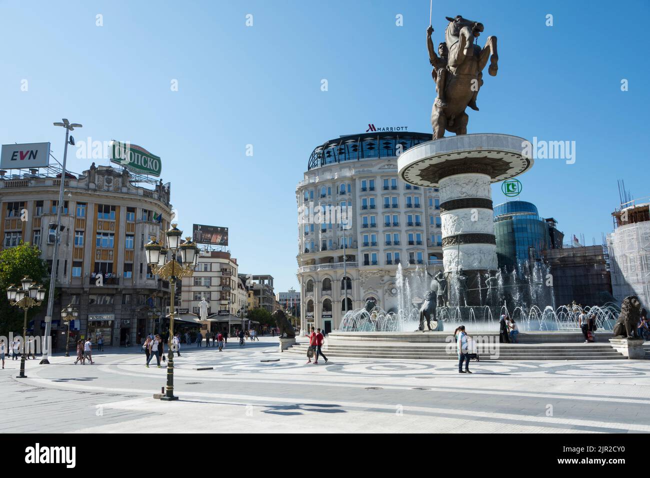 The with Greece disputed giant statue of Alexander the Great ( “Equestrian warrior”) at the “Macedonia” square in Skopje, capital of North Macedonia, Stock Photo