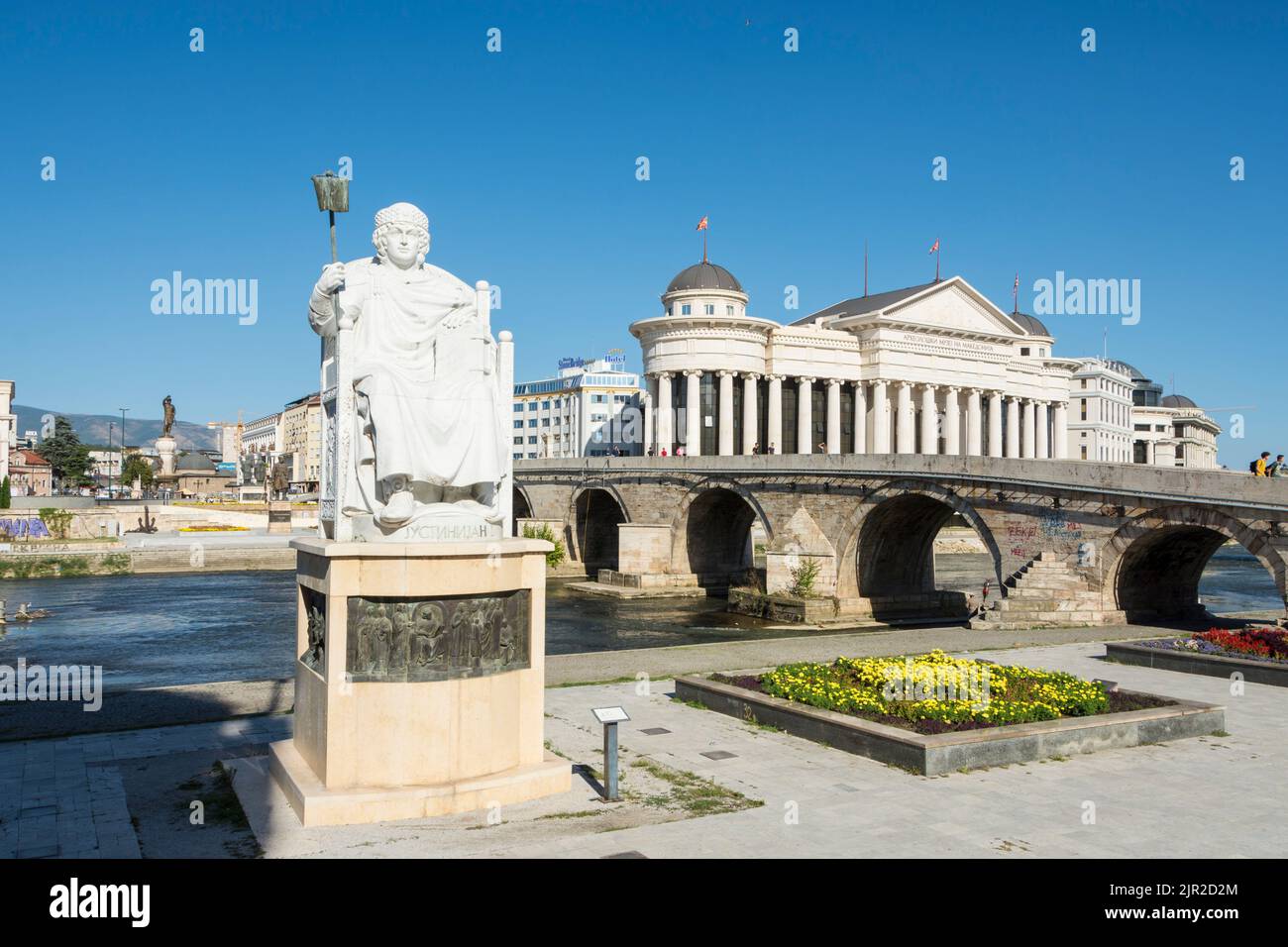 Justinian I monument, the stone bridge and the archaeological museum in Skopje, North Macedonia Stock Photo