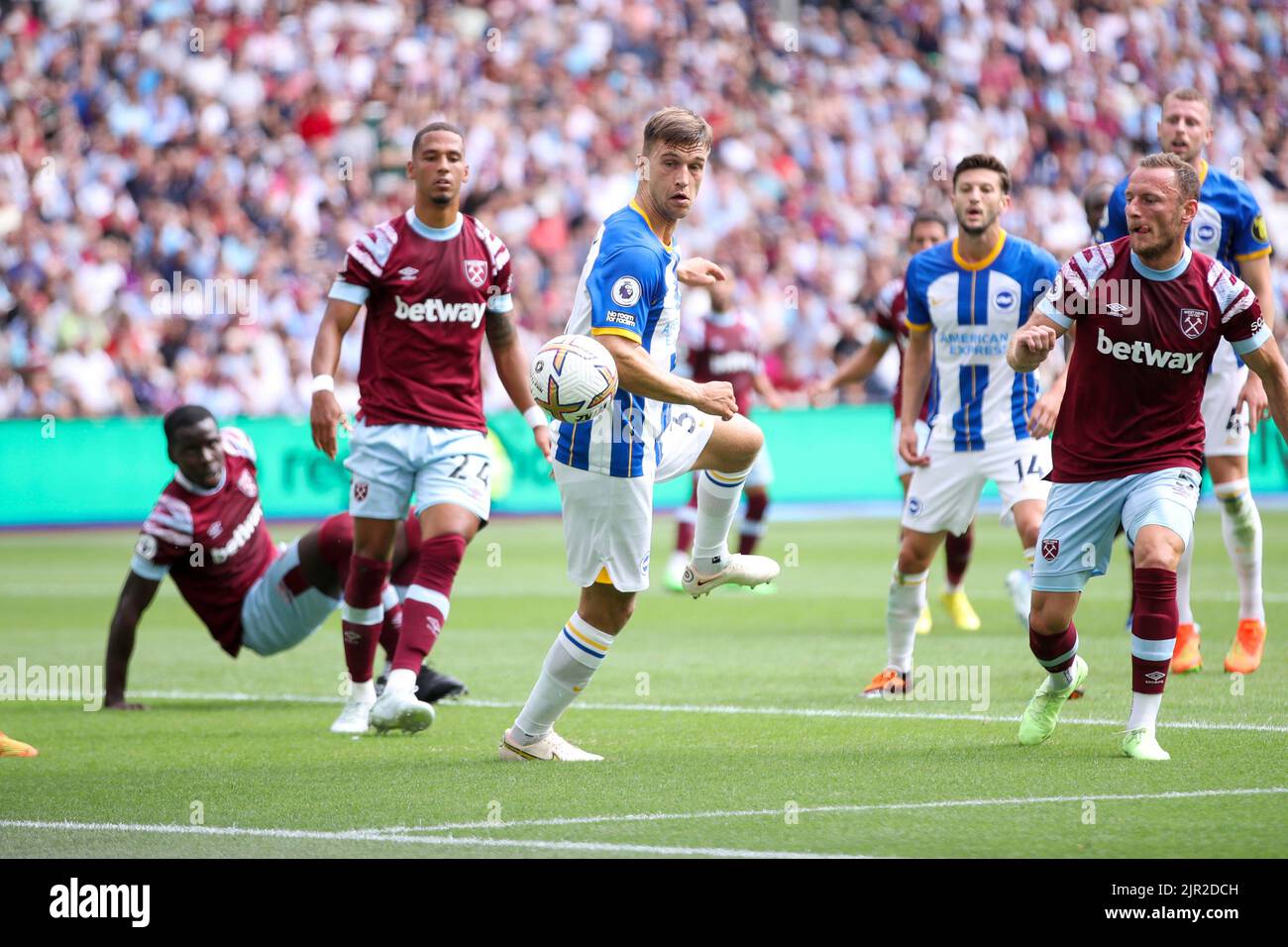 Joel Veltman of Brighton & Hove Albion watches on during the Premier League match between West Ham United and Brighton and Hove Albion at the London Stadium, Stratford on Sunday 21st August 2022. (Credit: Tom West | MI News) Credit: MI News & Sport /Alamy Live News Stock Photo