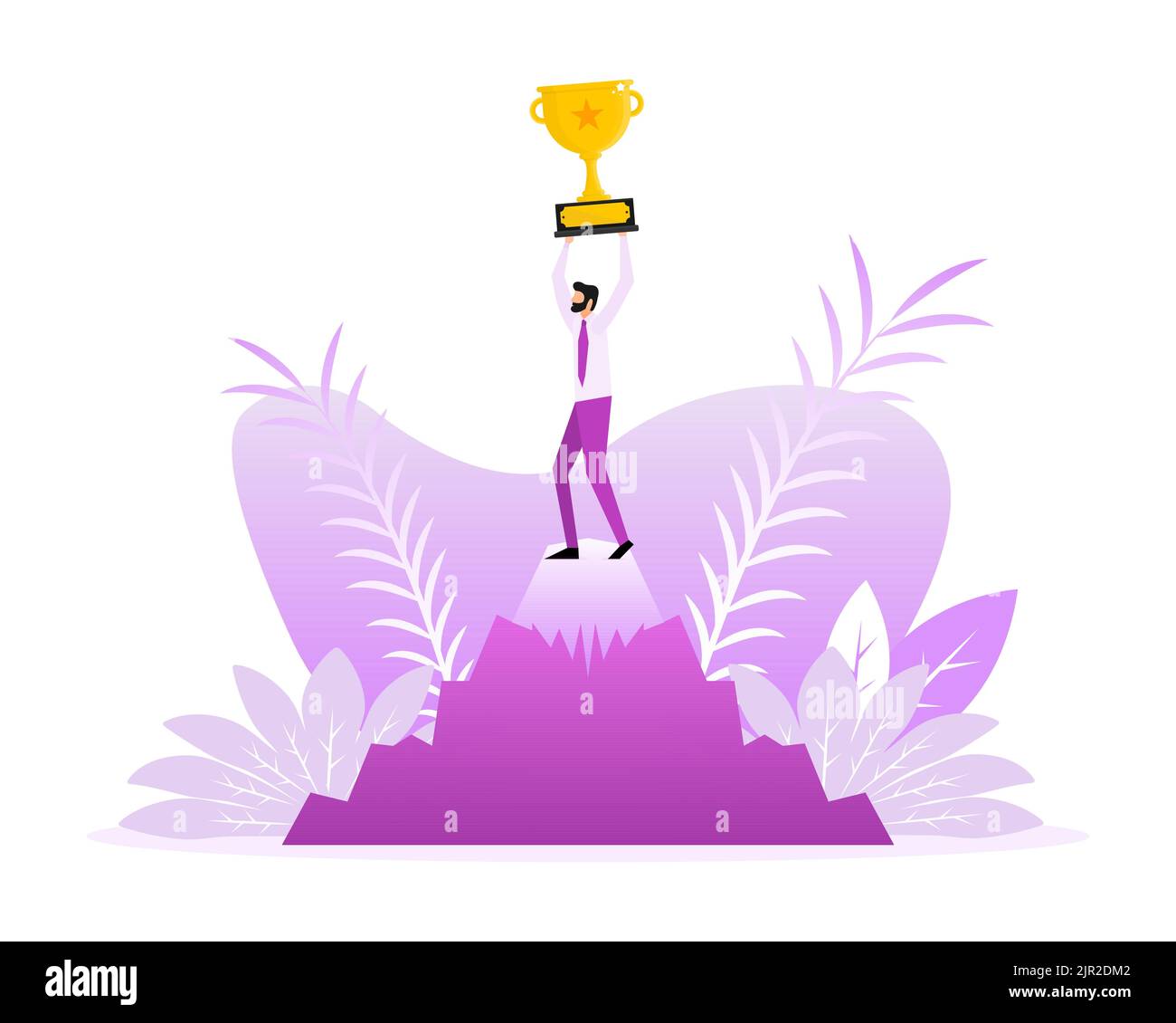 Success award people in flat style on gold background. Champion trophy, gold cup. Flat illustration. Stock Vector