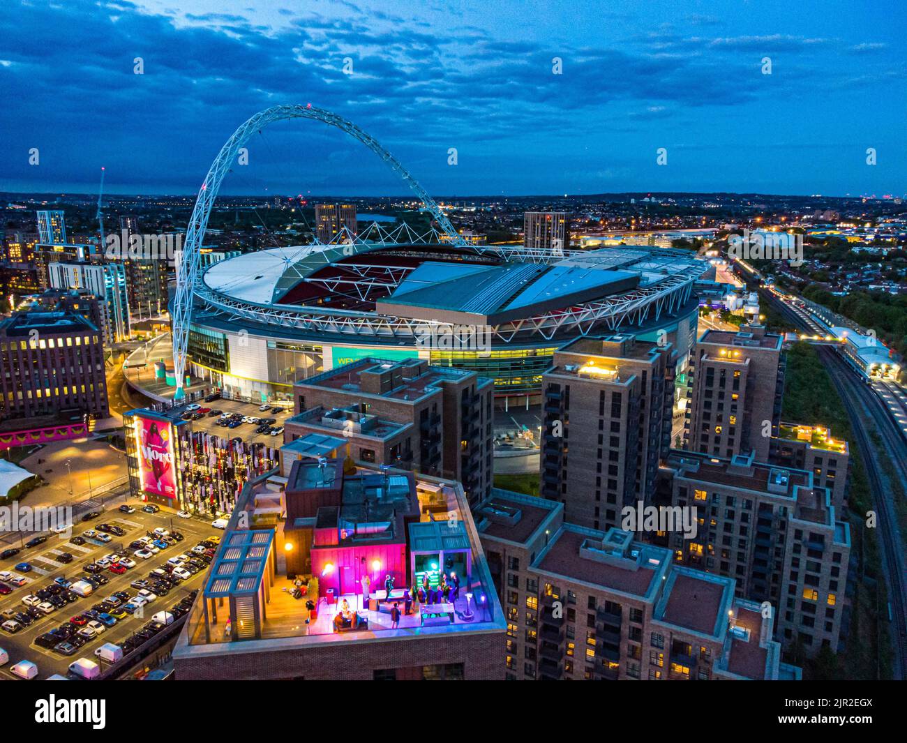 An aerial view of rooftop party in London near Wembley Stadium Stock Photo