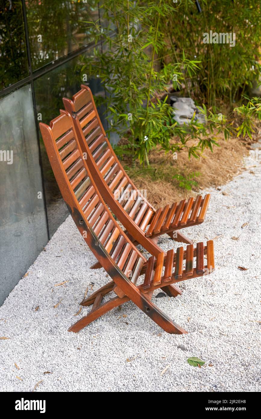 Bamboo table and chairs in Japanese garden Stock Photo Alamy