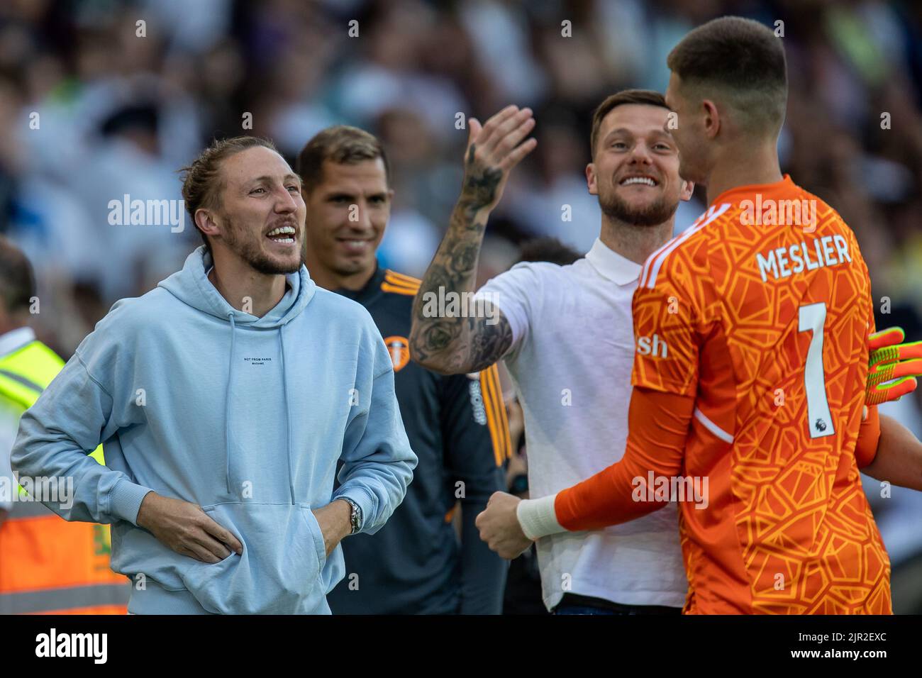 The injured Luke Ayling #2 of Leeds United rushes over with Liam Cooper ...