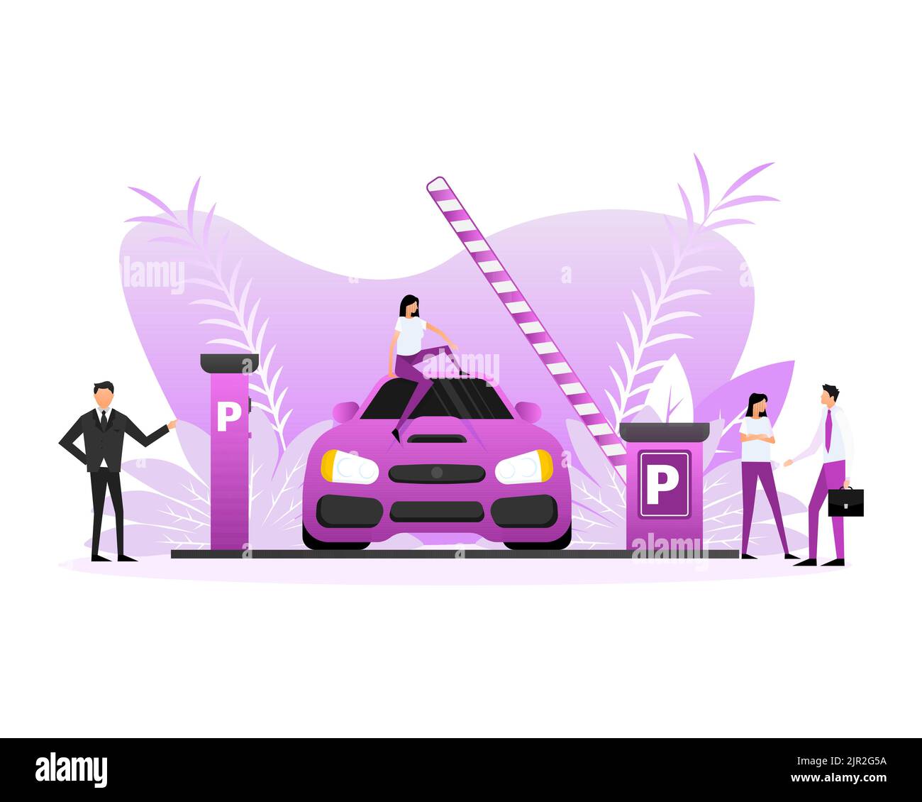 Flat style parking with car and people. Cartoon vector illustration Stock Vector
