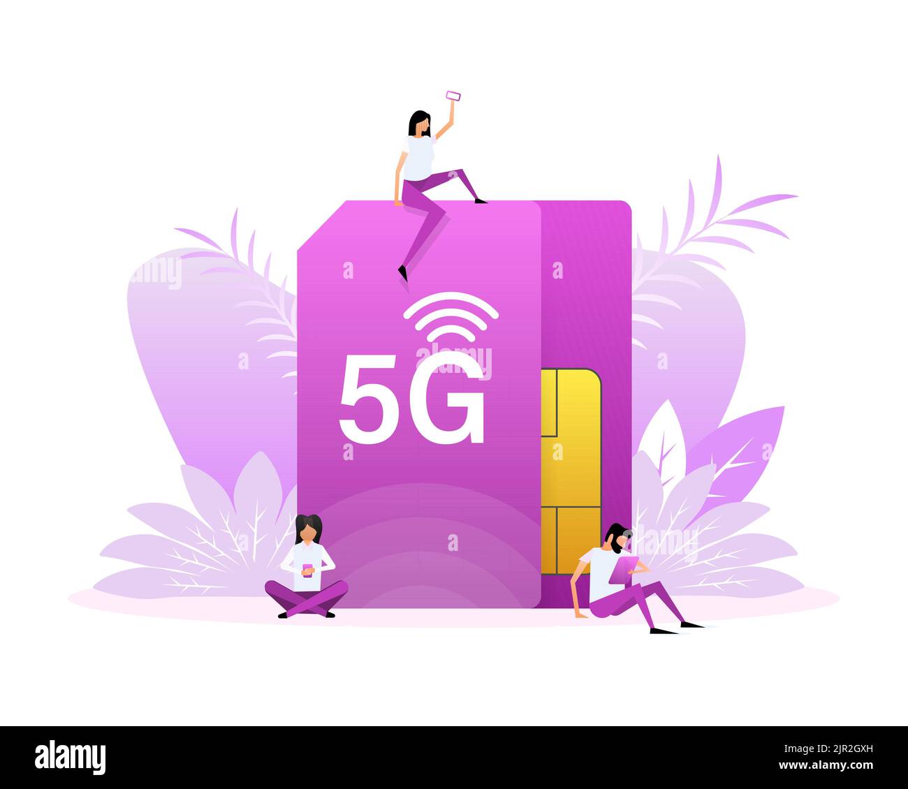 5G Sim Card. 4G technology background. Flat style characters Stock Vector