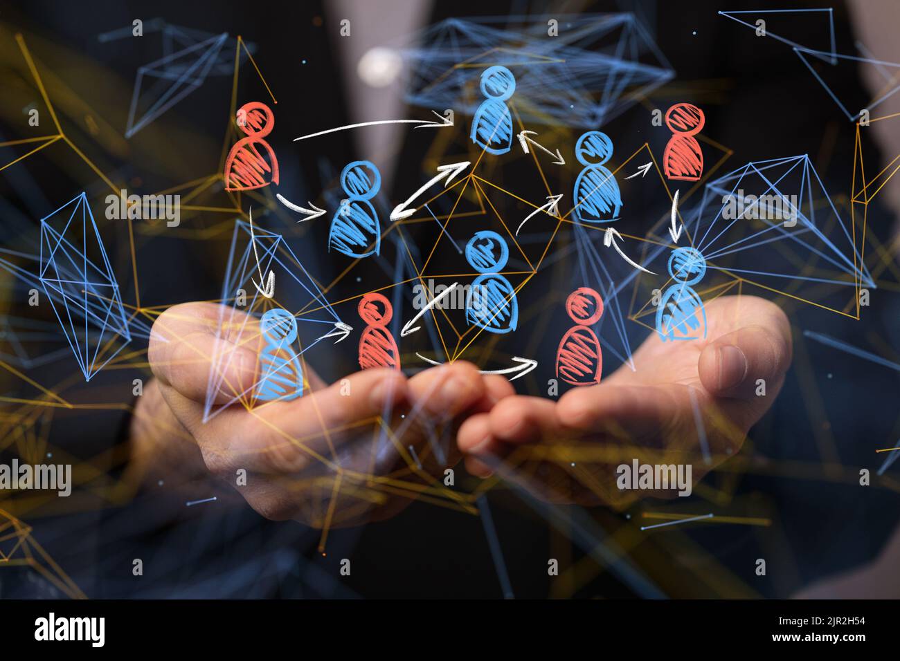 The hands holding virtual profile icons. Global network, communication ...