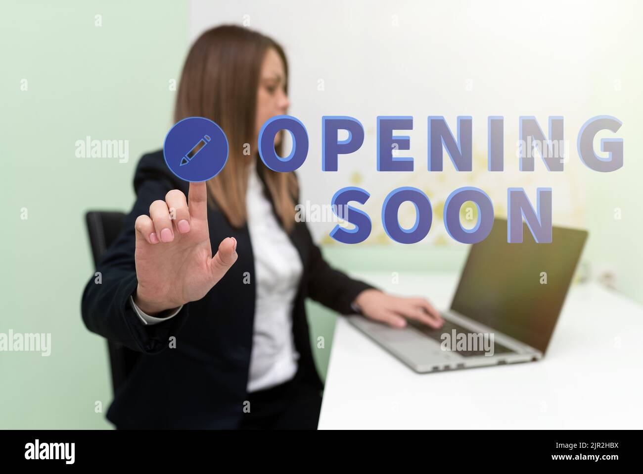 Hand writing sign Opening Soon. Concept meaning Going to be available or  accessible in public anytime shortly Woman Typing Updates On Lap Top And  Stock Photo - Alamy