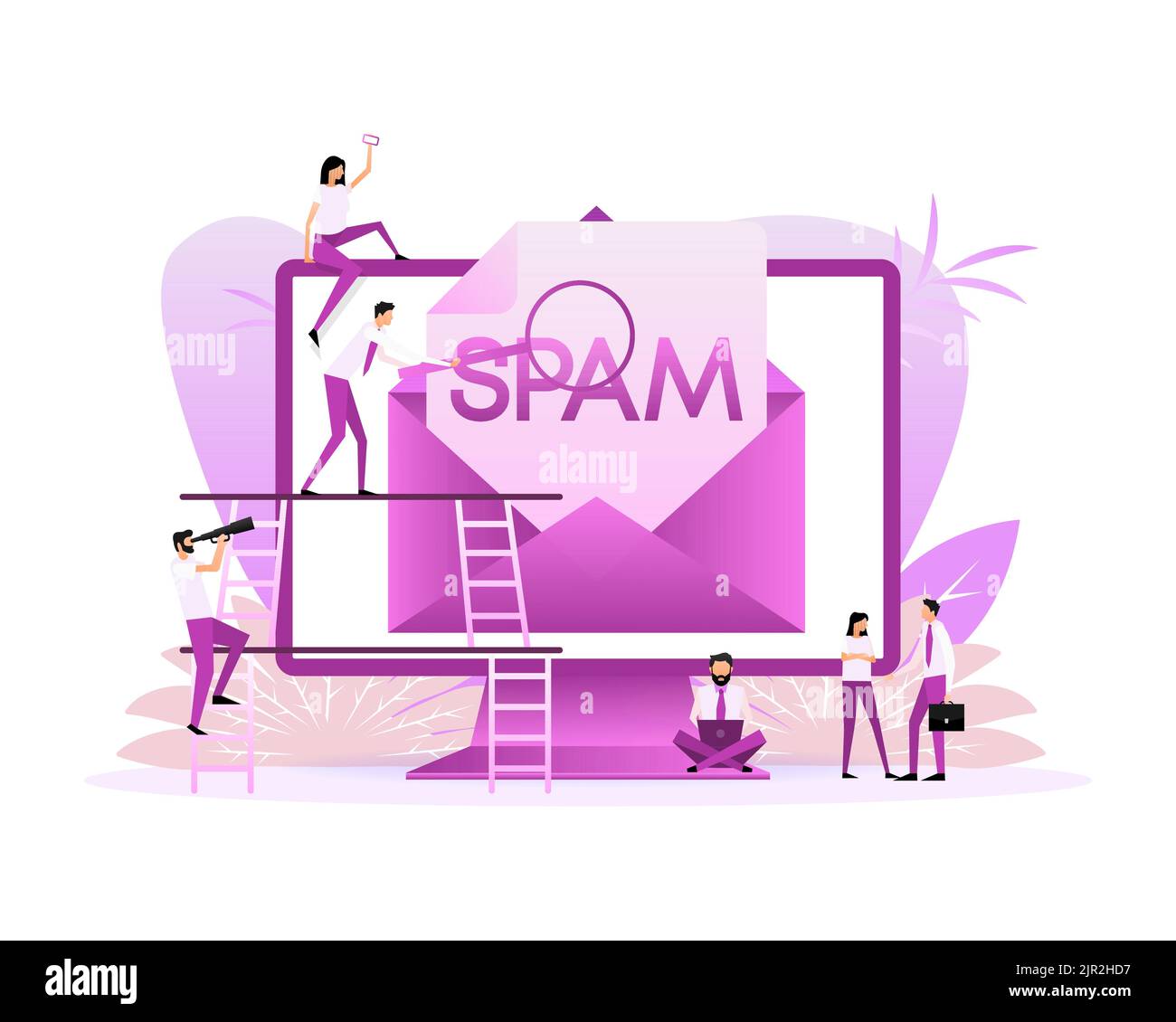 Spamming mailbox concept. Flat style characters. Email box hacking, spam warning. Stock Vector