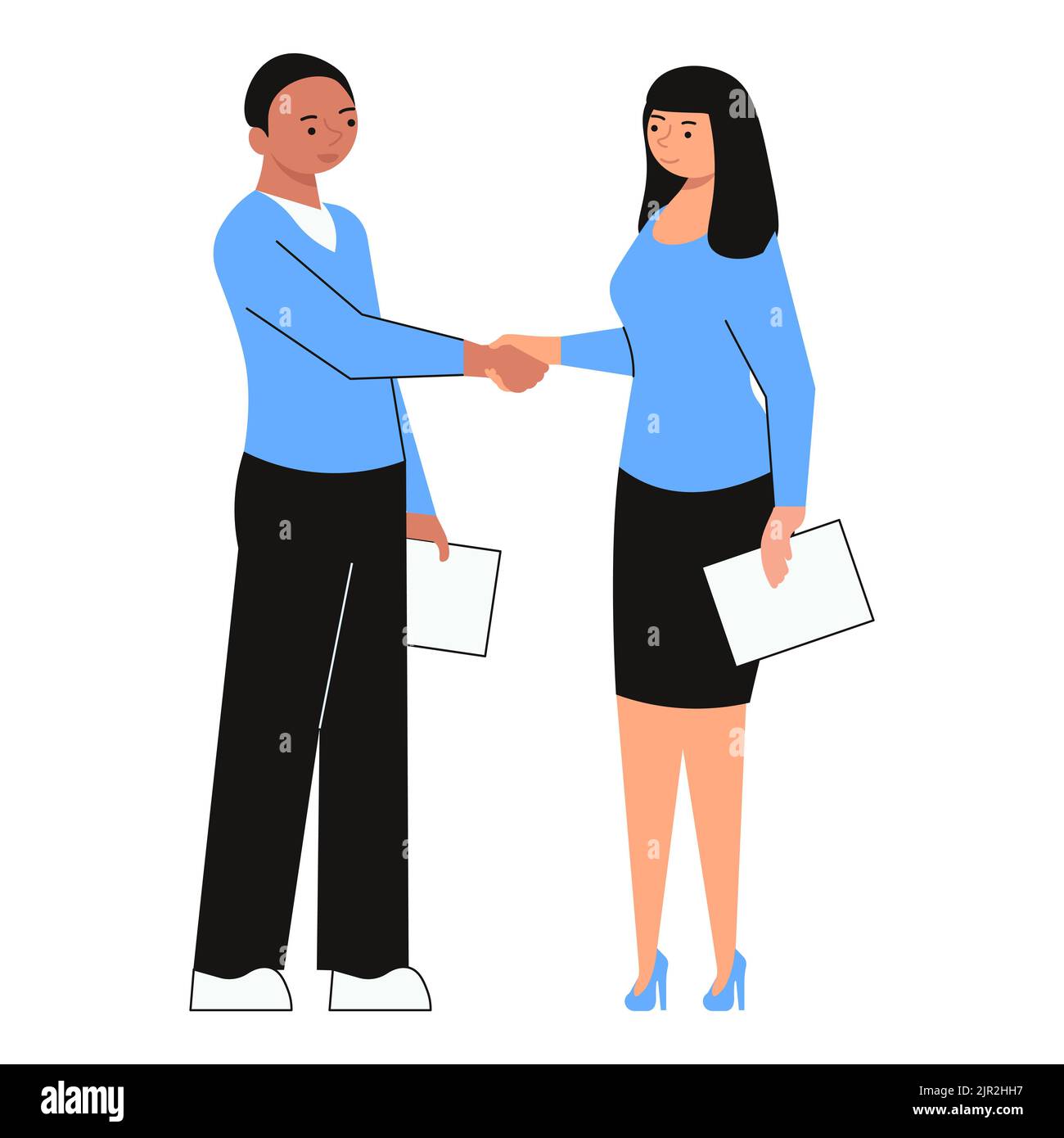 Workers are shake hands, negotiating, thinking and brainstorming, company information analytics. Flat Art Vector Illustration Stock Vector