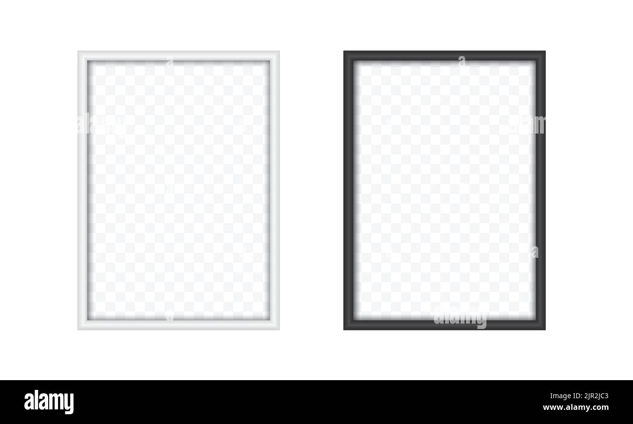Set of realistic wooden rectangular picture or photo frames. Black and white with shadow and