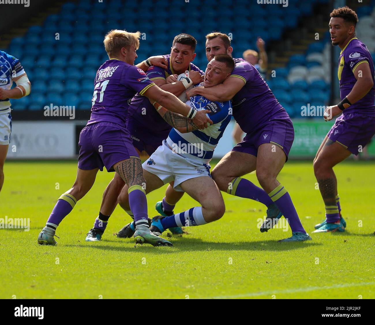 Halifax, UK. 21st Aug, 2022. ***Brad Knowles is held up by Newcastle