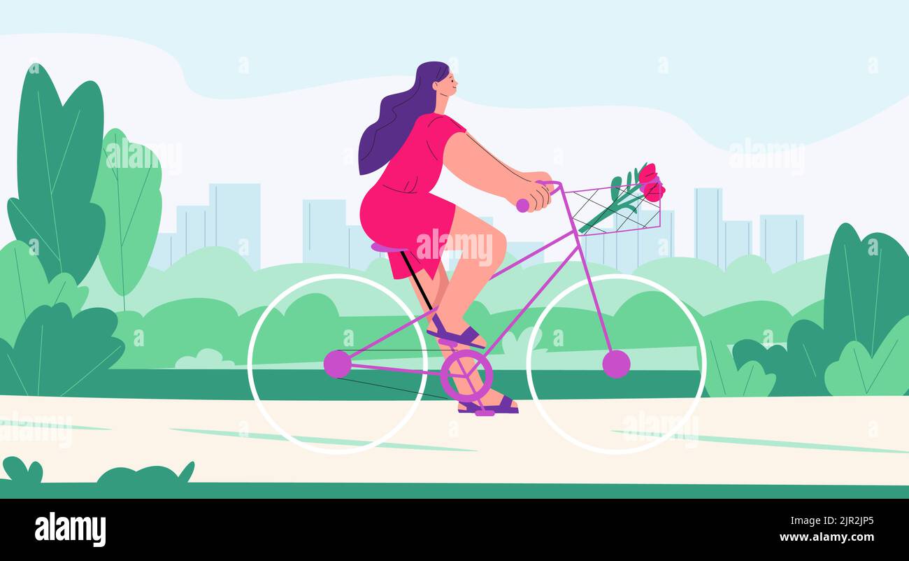 Cute young girl ride bicycle in summer park with flowers in basket