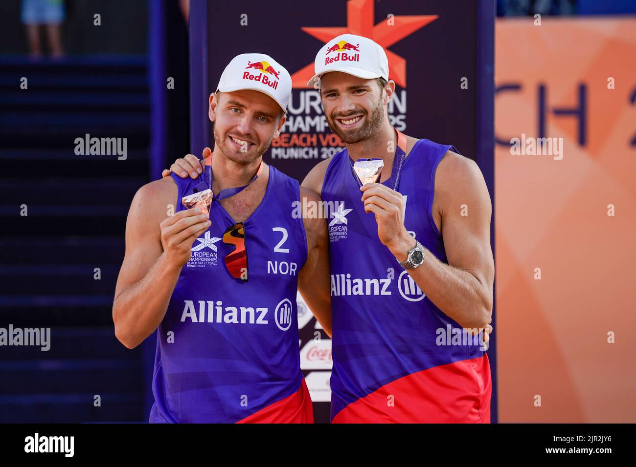 Munich, Germany 20220821.Norwegian Anders Mol and Christian Soerum took bronze in the beach volleyball EC at Königsplatz in Munich. Photo: Lise Aaserud / NTB Stock Photo